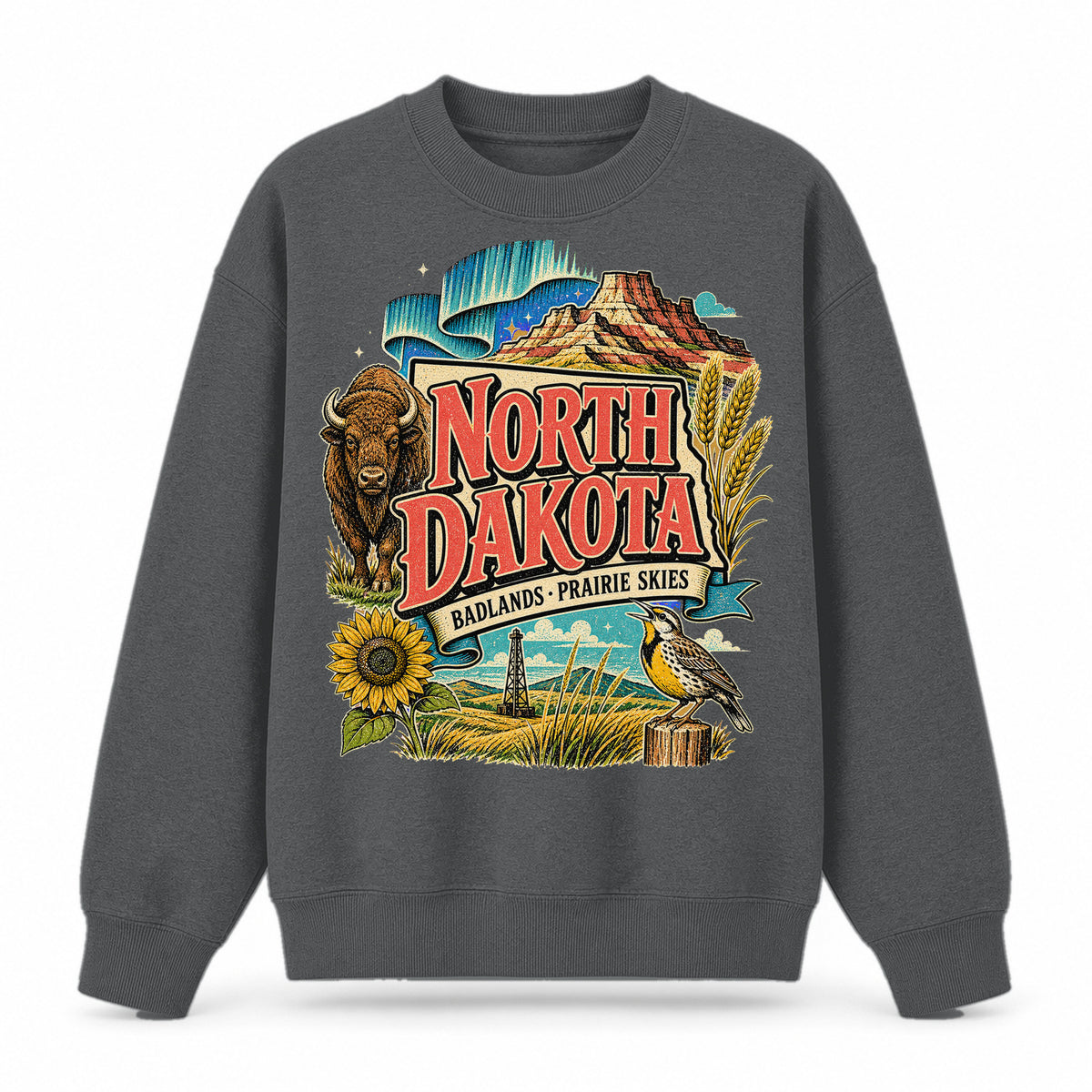Colorful North Dakota State Collage Crewneck Sweatshirt in Dark Gray, front view on a white background