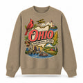 Colorful Ohio State Collage Crewneck Sweatshirt in Khaki, front view on a white background
