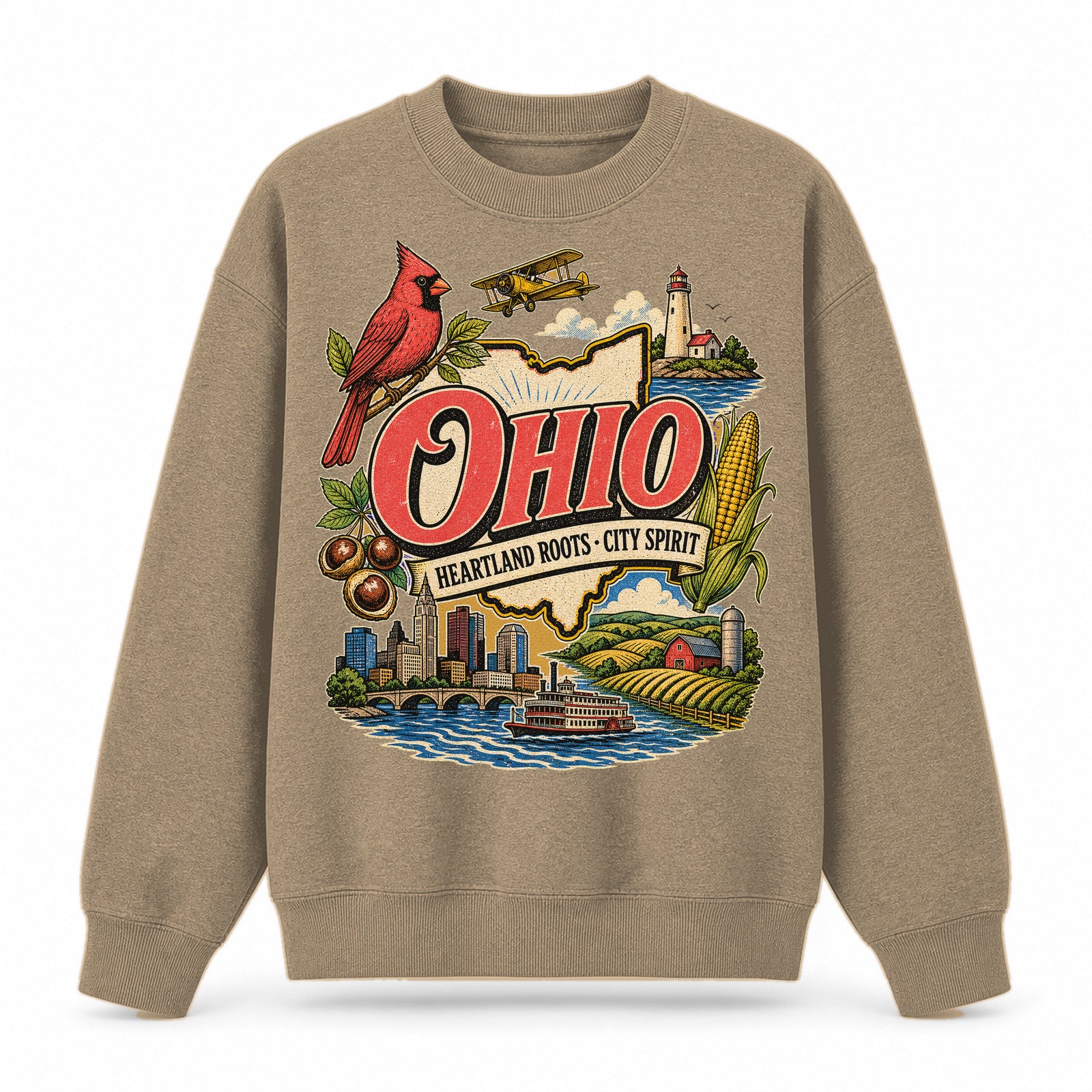 Colorful Ohio State Collage Crewneck Sweatshirt in Khaki, front view on a white background