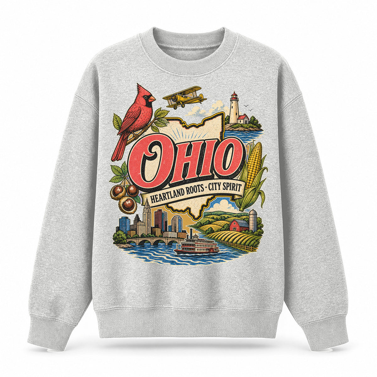 Colorful Ohio State Collage Crewneck Sweatshirt in Light Gray, front view on a white background