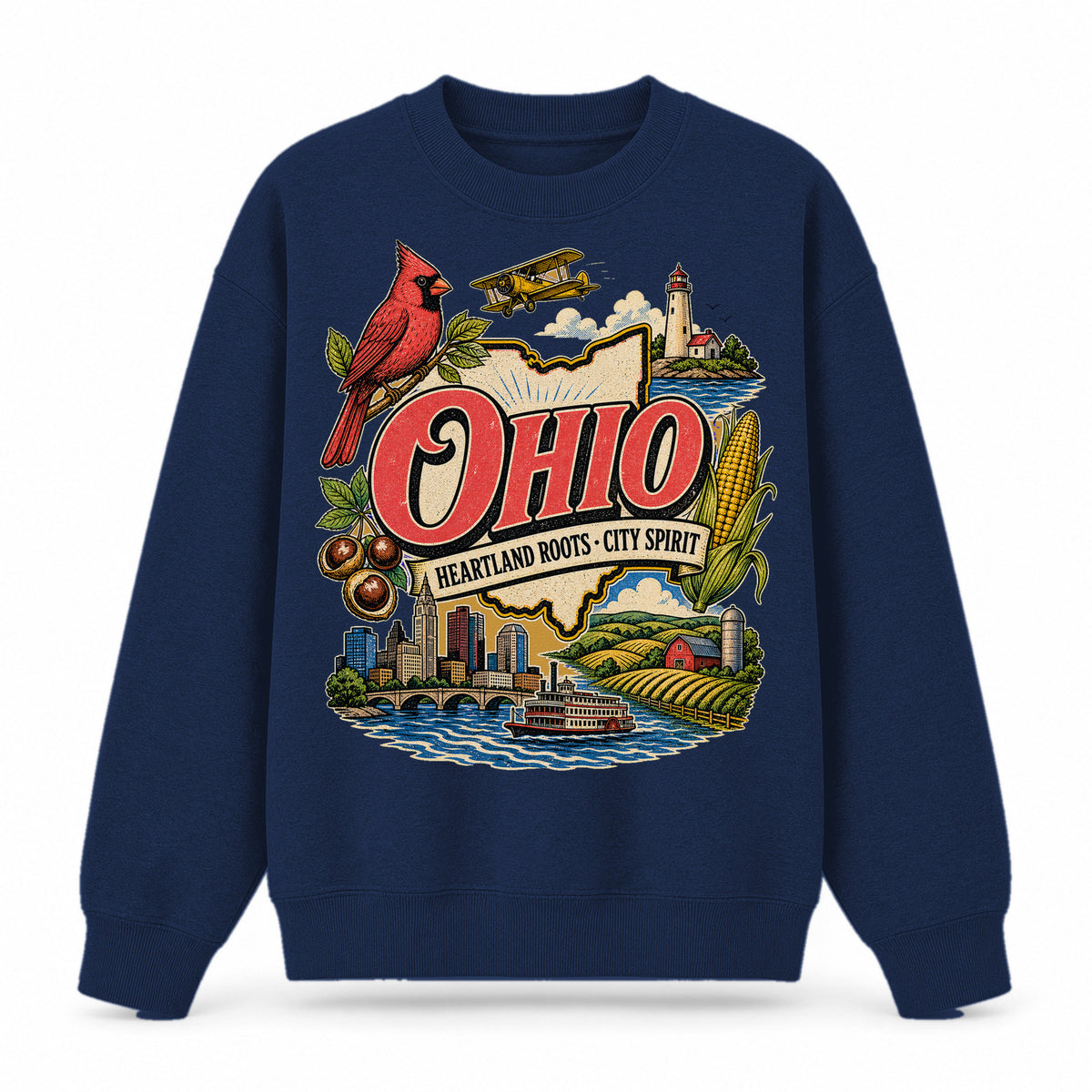 Colorful Ohio State Collage Crewneck Sweatshirt in Navy, front view on a white background