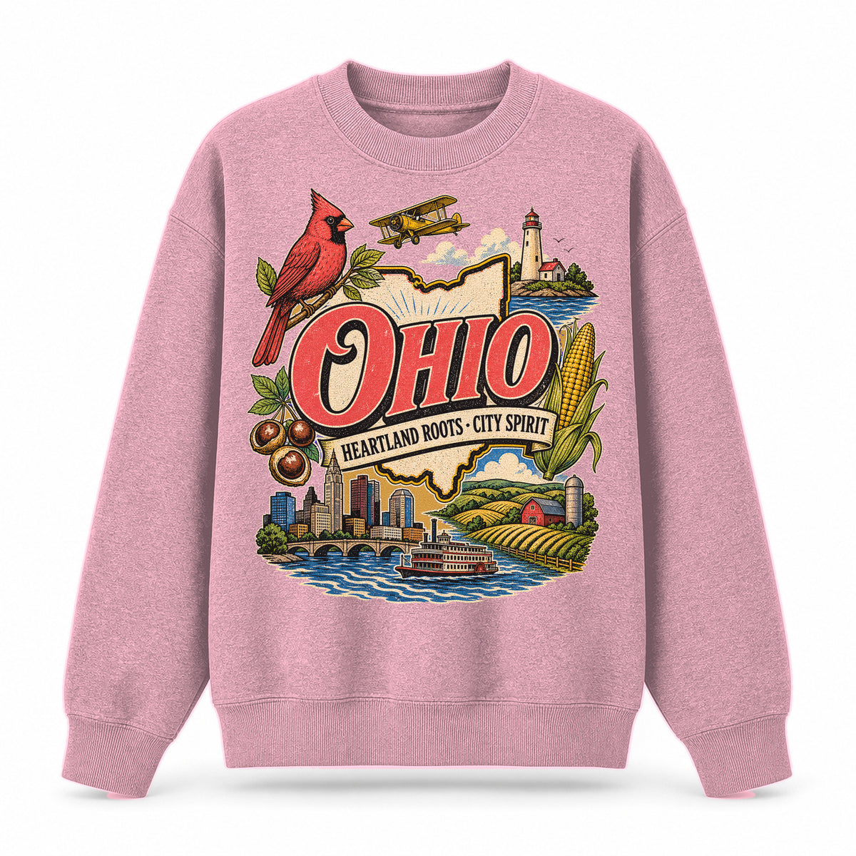 Colorful Ohio State Collage Crewneck Sweatshirt in Pink, front view on a white background