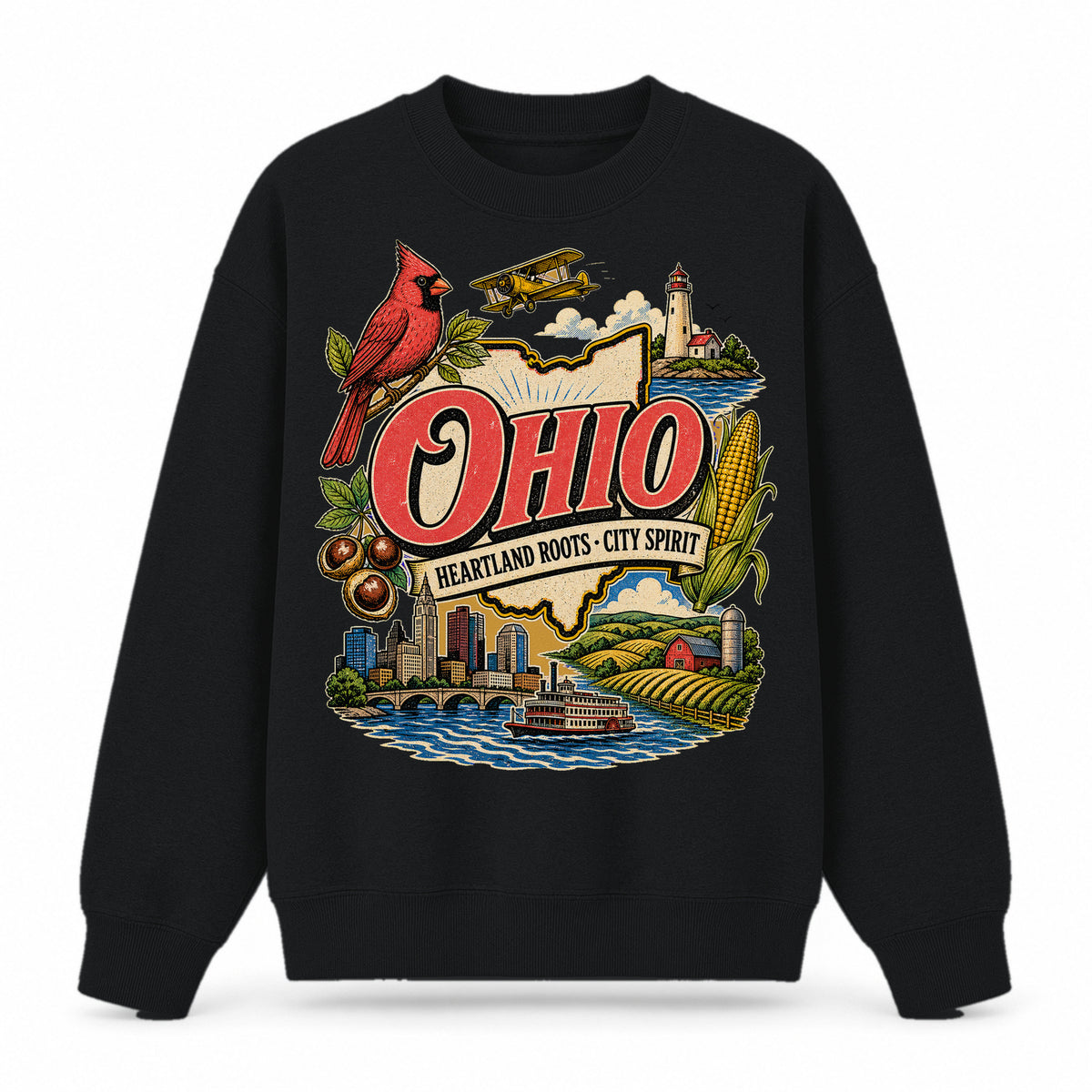 Colorful Ohio State Collage Crewneck Sweatshirt in Black, front view on a white background