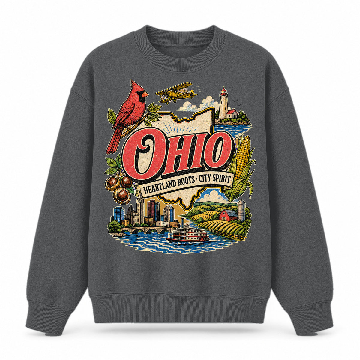Colorful Ohio State Collage Crewneck Sweatshirt in Dark Gray, front view on a white background