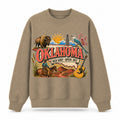 Colorful Oklahoma State Collage Crewneck Sweatshirt in Khaki, front view on a white background