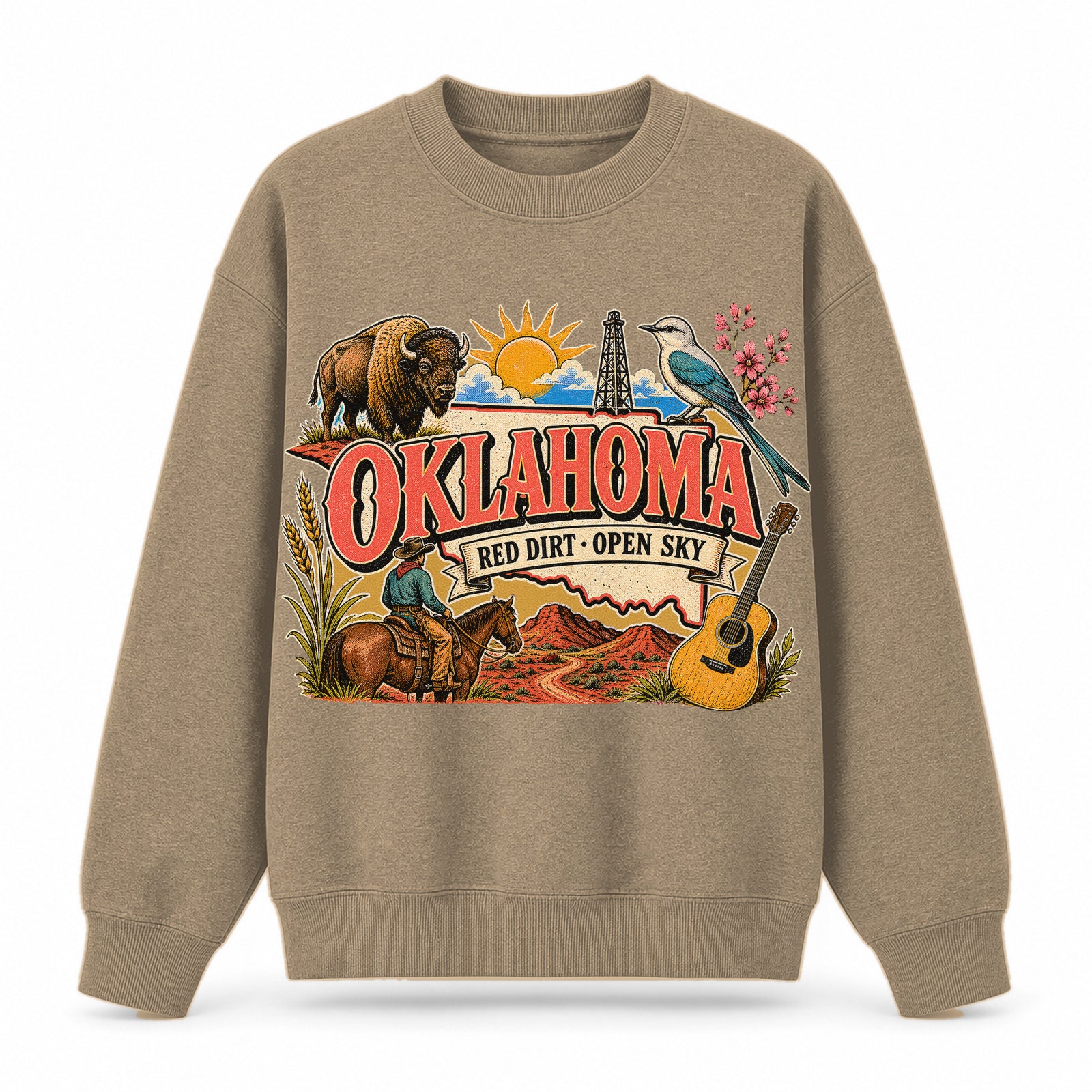 Colorful Oklahoma State Collage Crewneck Sweatshirt in Khaki, front view on a white background