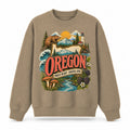 Colorful Oregon State Collage Crewneck Sweatshirt in Khaki, front view on a white background