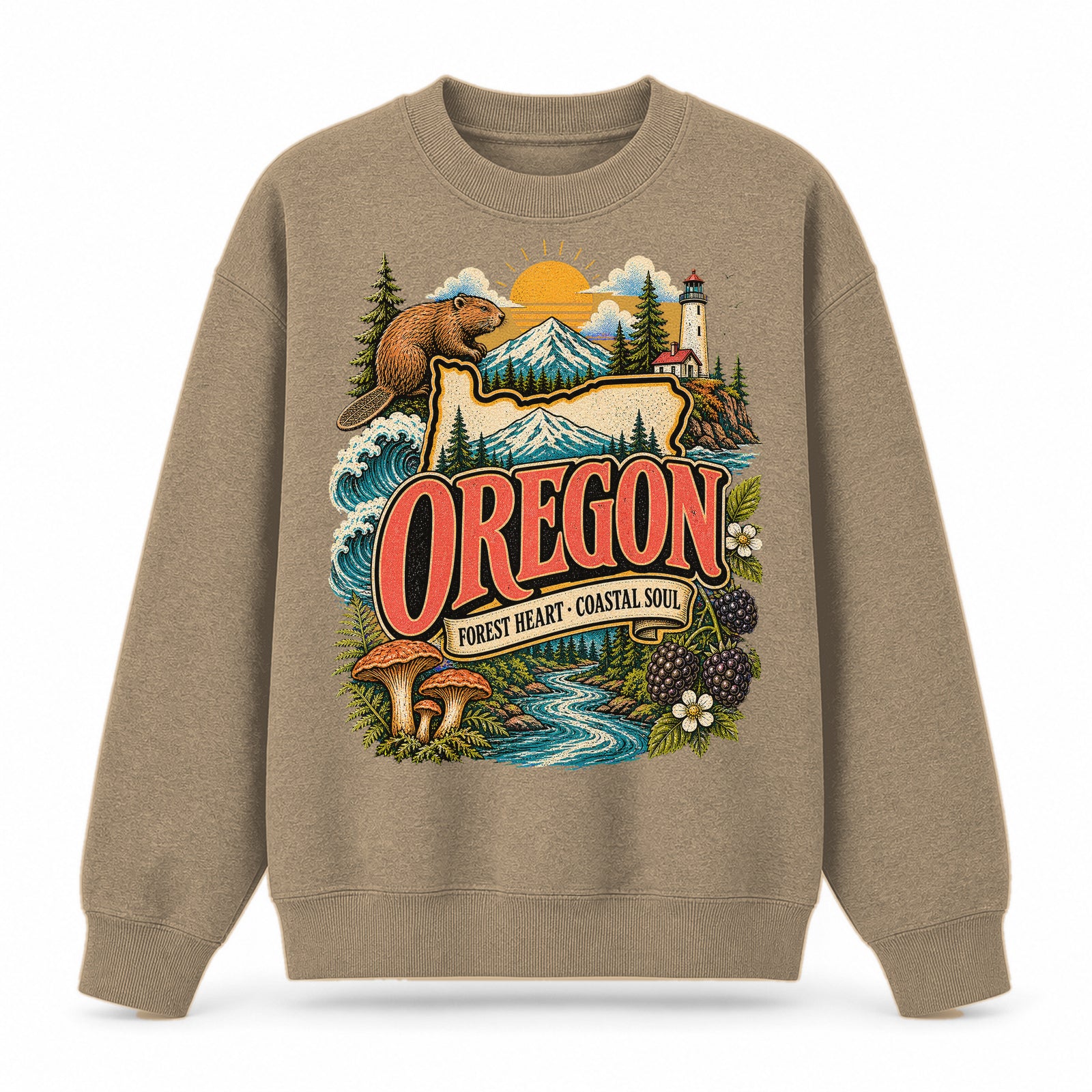 Colorful Oregon State Collage Crewneck Sweatshirt in Khaki, front view on a white background