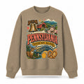 Colorful Pennsylvania State Collage Crewneck Sweatshirt in Khaki, front view on a white background