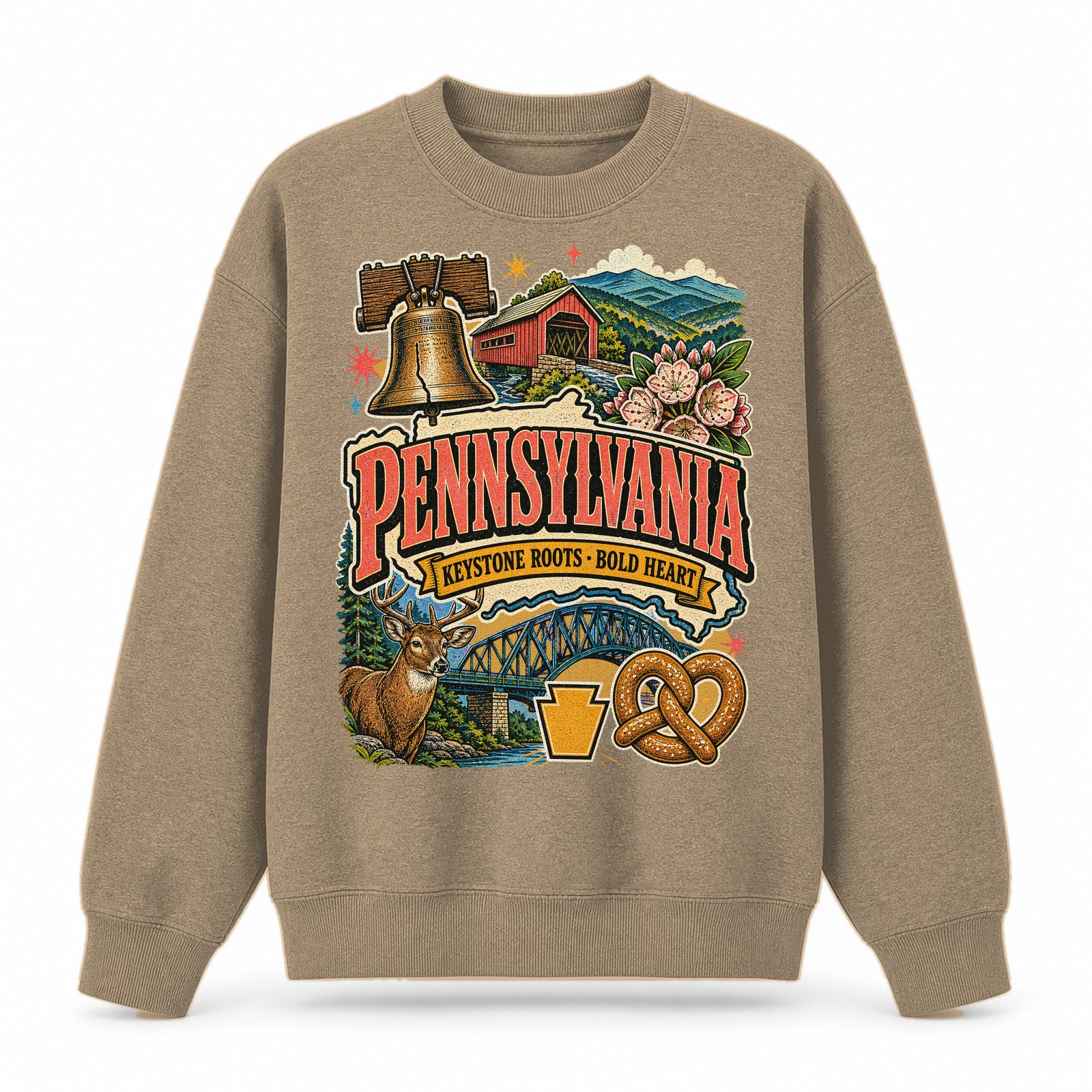 Colorful Pennsylvania State Collage Crewneck Sweatshirt in Khaki, front view on a white background