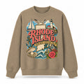 Colorful Rhode Island State Collage Crewneck Sweatshirt in Khaki, front view on a white background