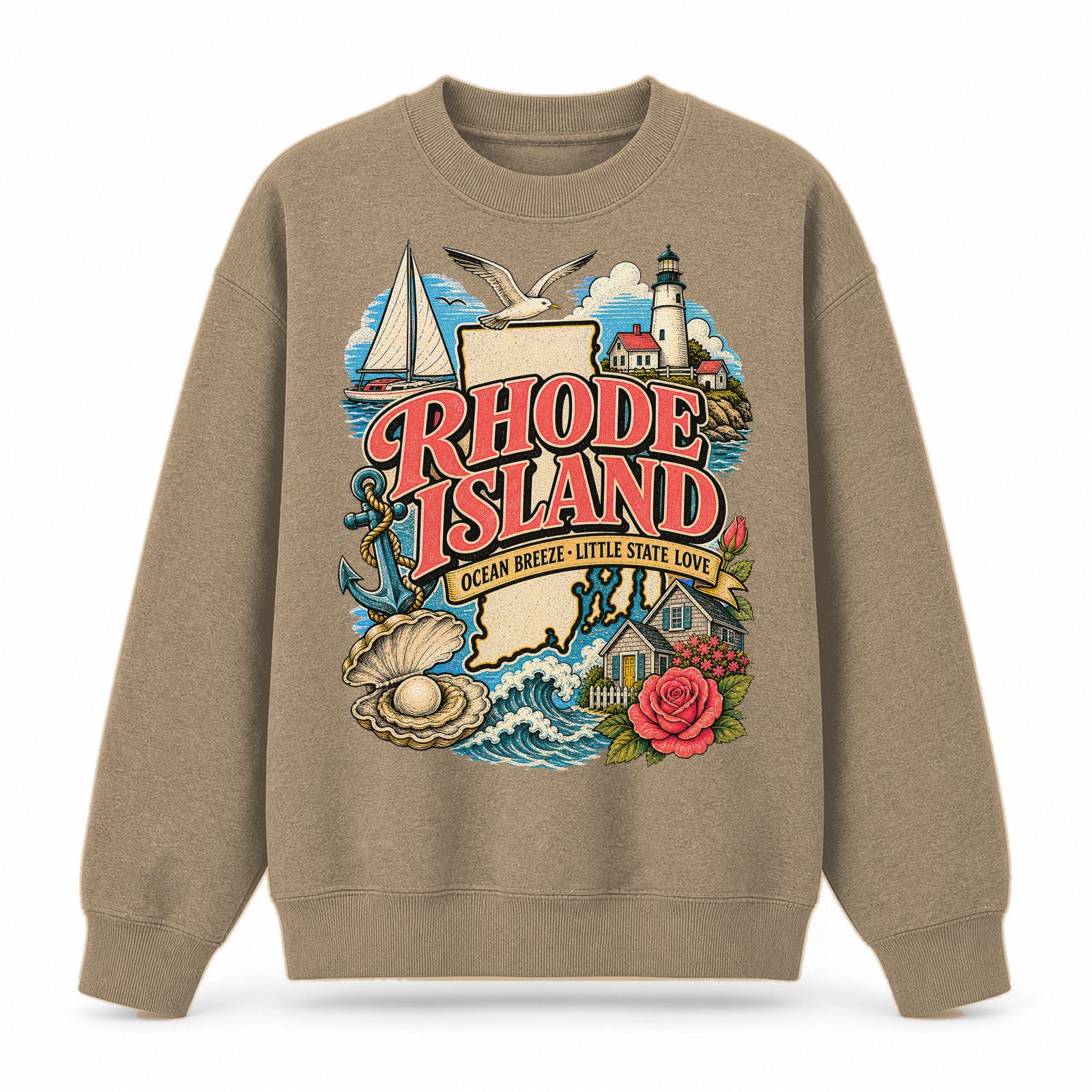 Colorful Rhode Island State Collage Crewneck Sweatshirt in Khaki, front view on a white background
