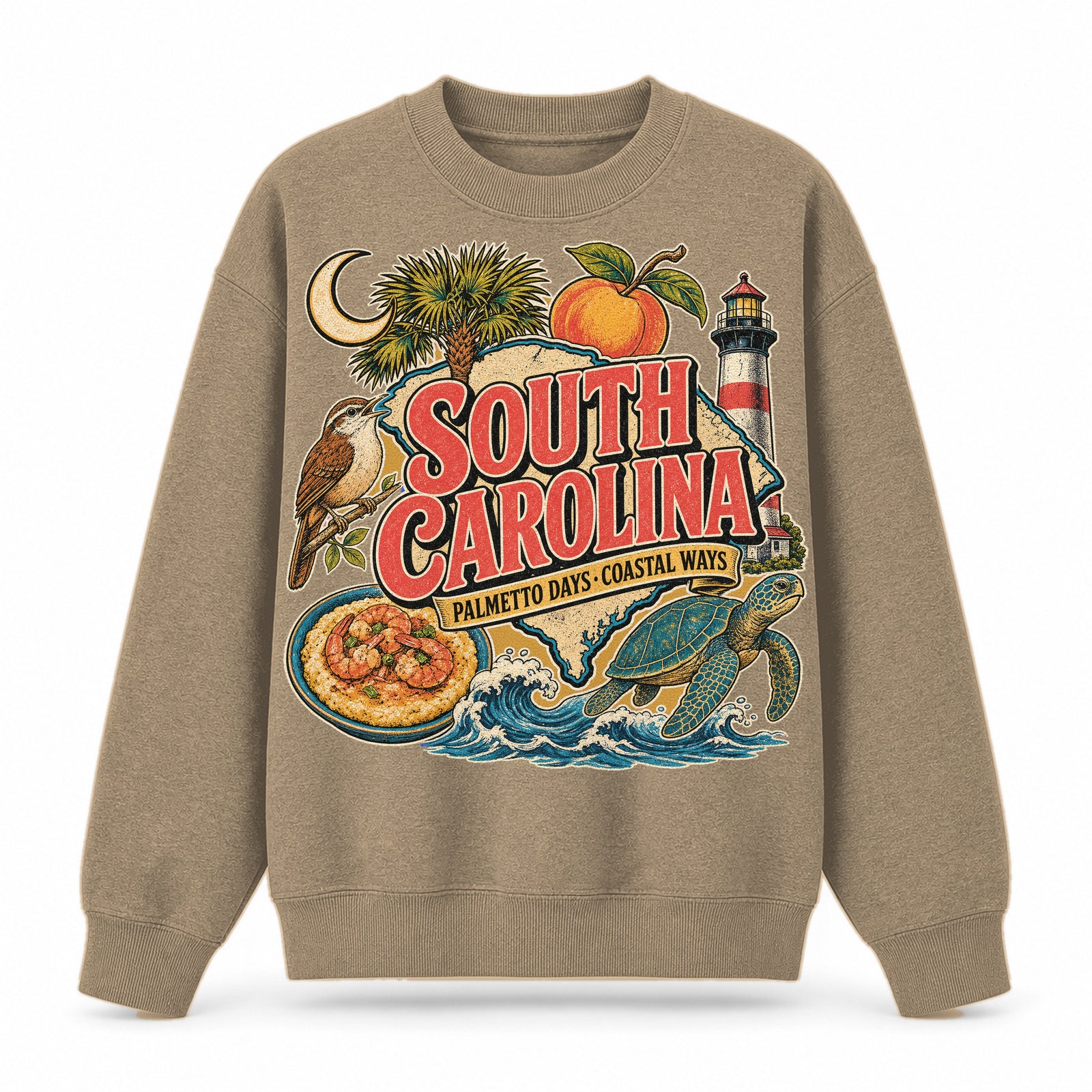 Colorful South Carolina State Collage Crewneck Sweatshirt in Khaki, front view on a white background
