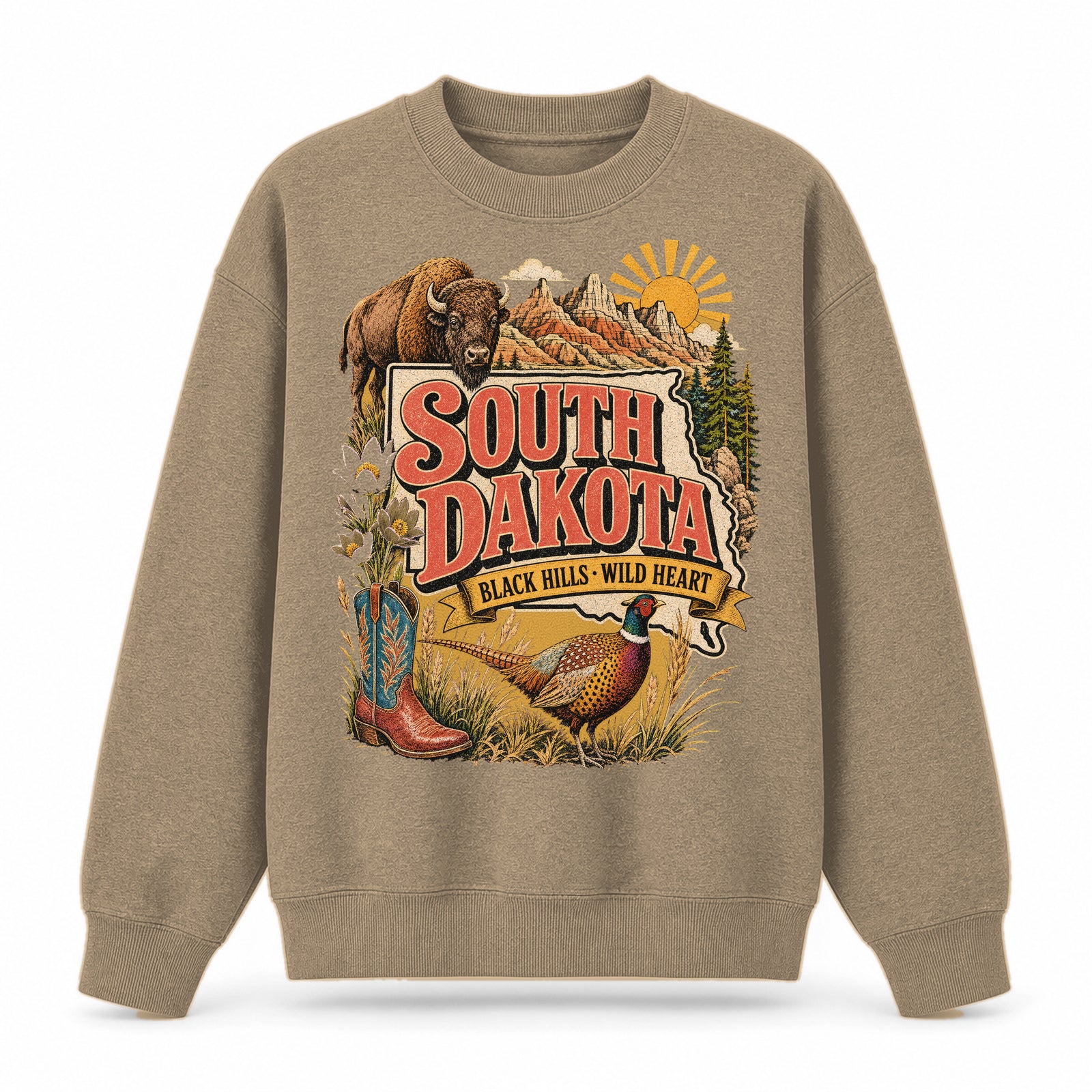 Colorful South Dakota State Collage Crewneck Sweatshirt in Khaki, front view on a white background