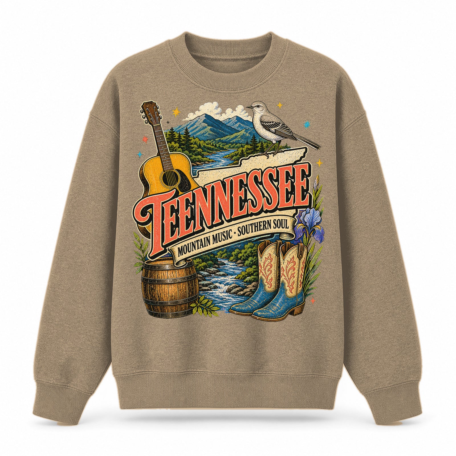 Colorful Tennessee State Collage Crewneck Sweatshirt in Khaki, front view on a white background