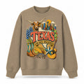 Colorful Texas State Collage Crewneck Sweatshirt in Khaki, front view on a white background