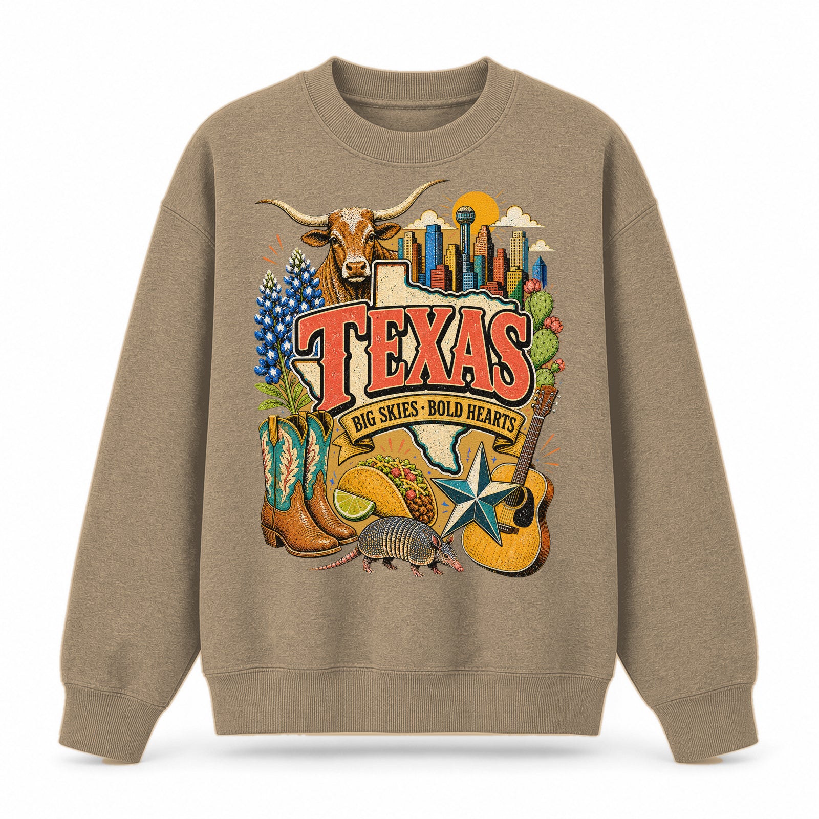 Colorful Texas State Collage Crewneck Sweatshirt in Khaki, front view on a white background