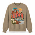 Colorful Utah State Collage Crewneck Sweatshirt in Khaki, front view on a white background