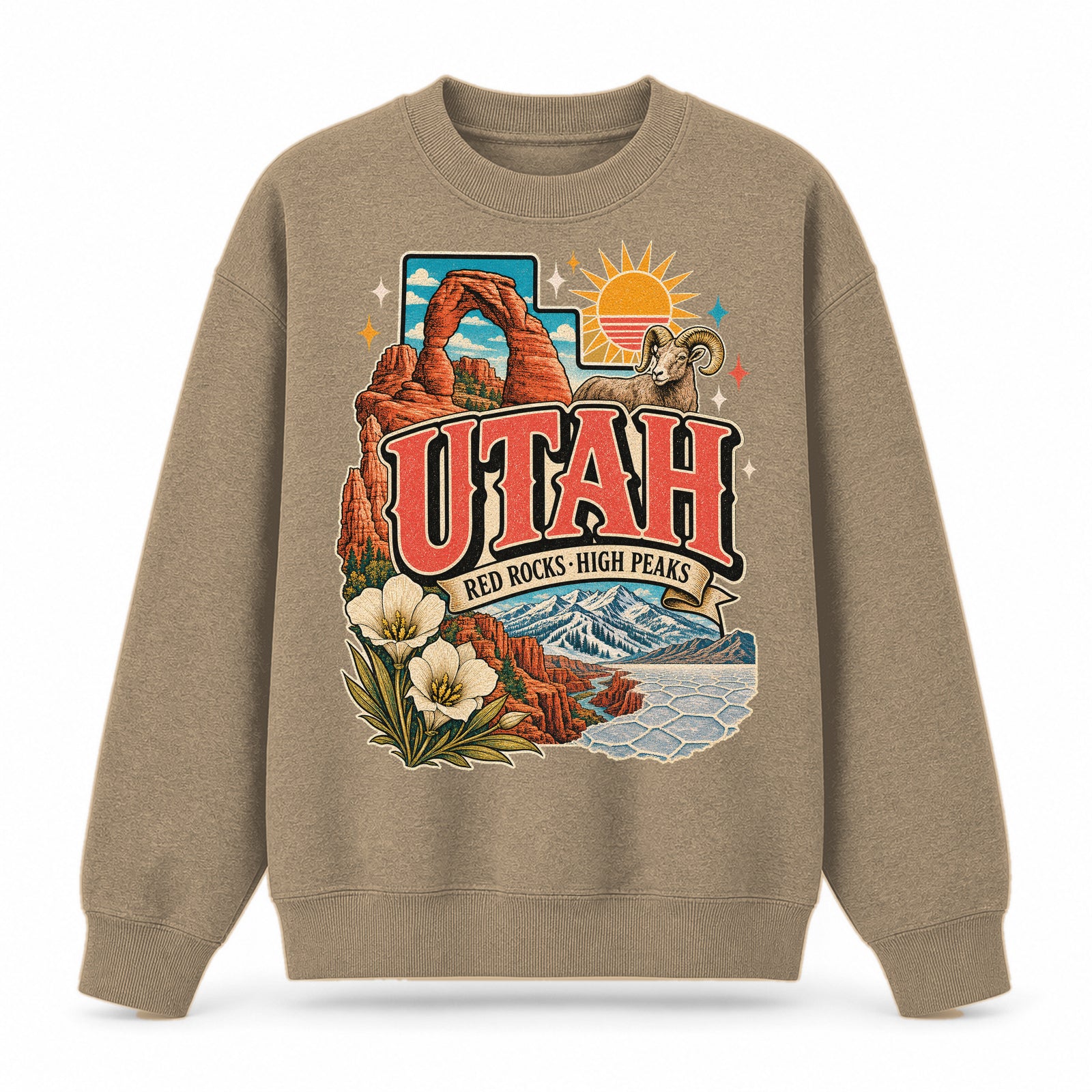 Colorful Utah State Collage Crewneck Sweatshirt in Khaki, front view on a white background