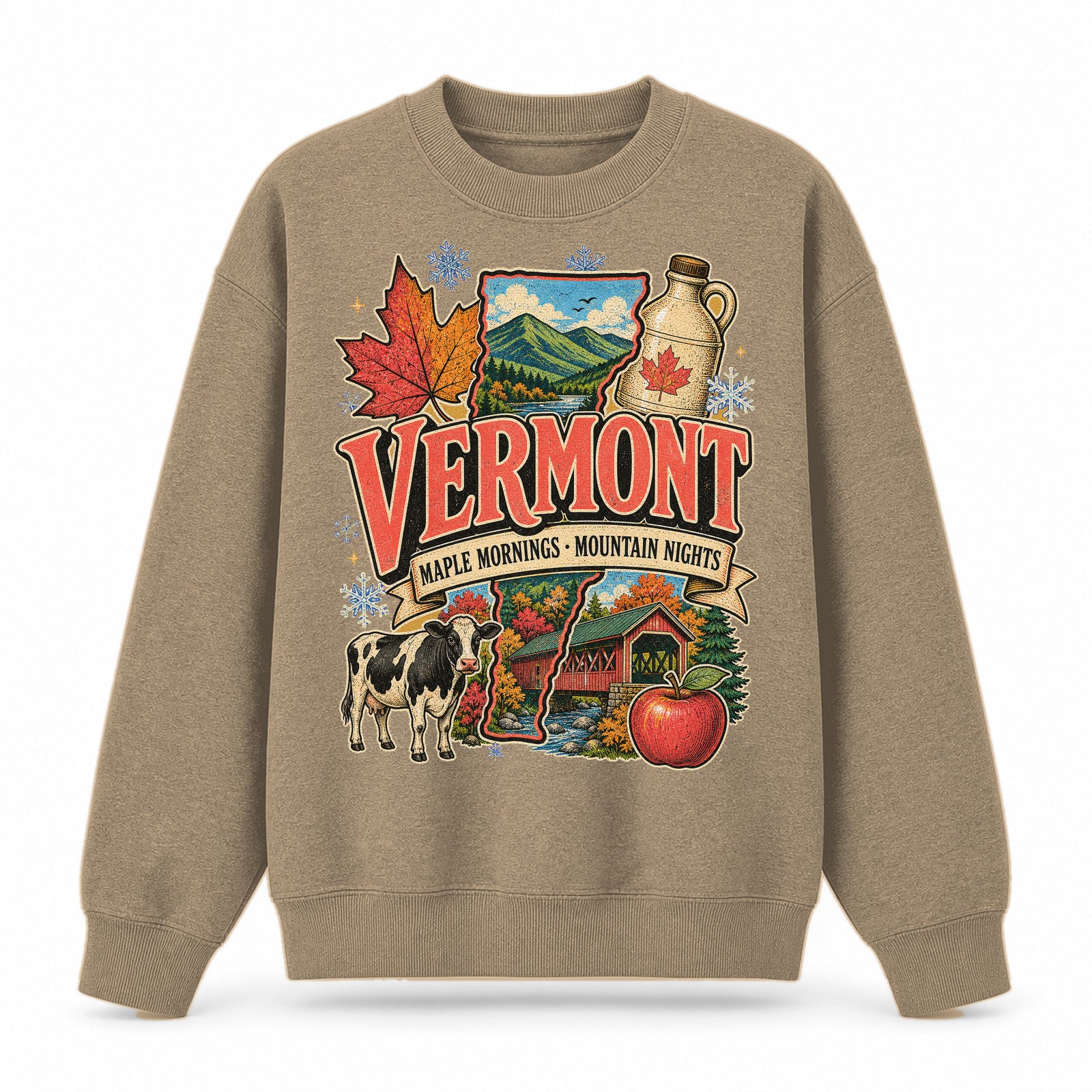 Colorful Vermont State Collage Crewneck Sweatshirt in Khaki, front view on a white background
