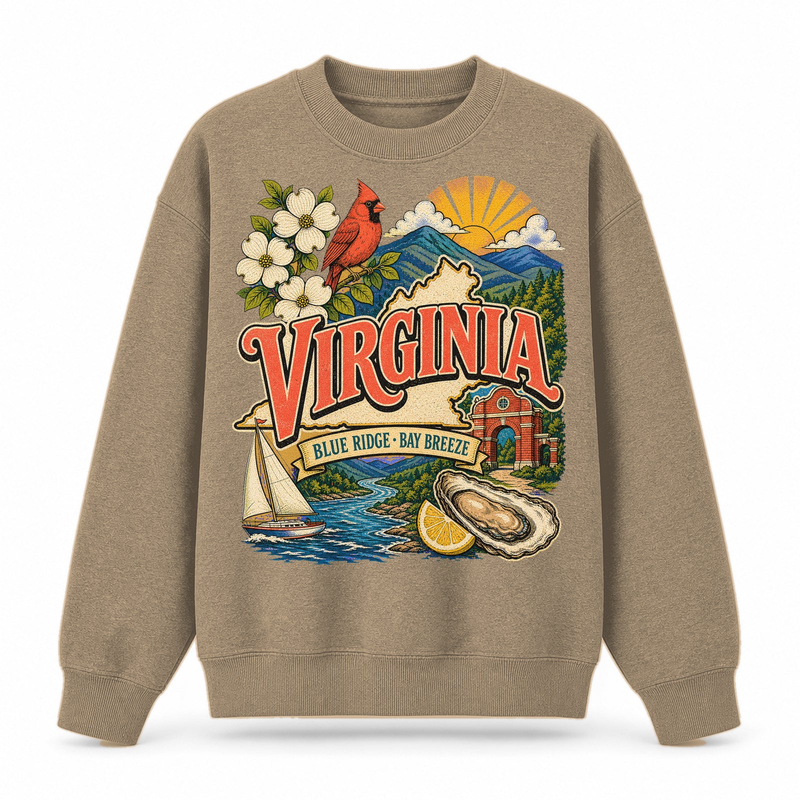 Colorful Virginia State Collage Crewneck Sweatshirt in Khaki, front view on a white background
