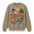 Colorful Washington State Collage Crewneck Sweatshirt in Khaki, front view on a white background