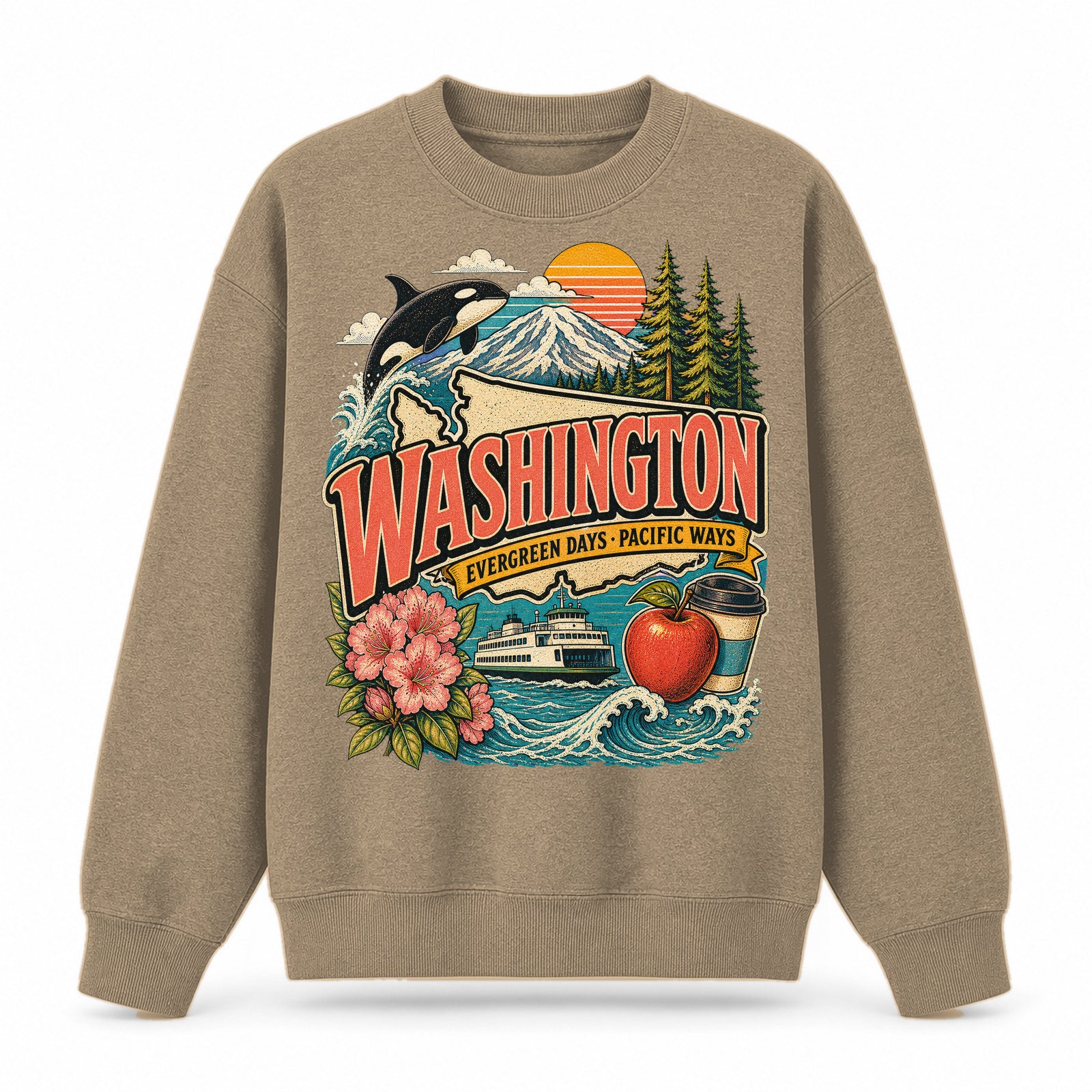Colorful Washington State Collage Crewneck Sweatshirt in Khaki, front view on a white background
