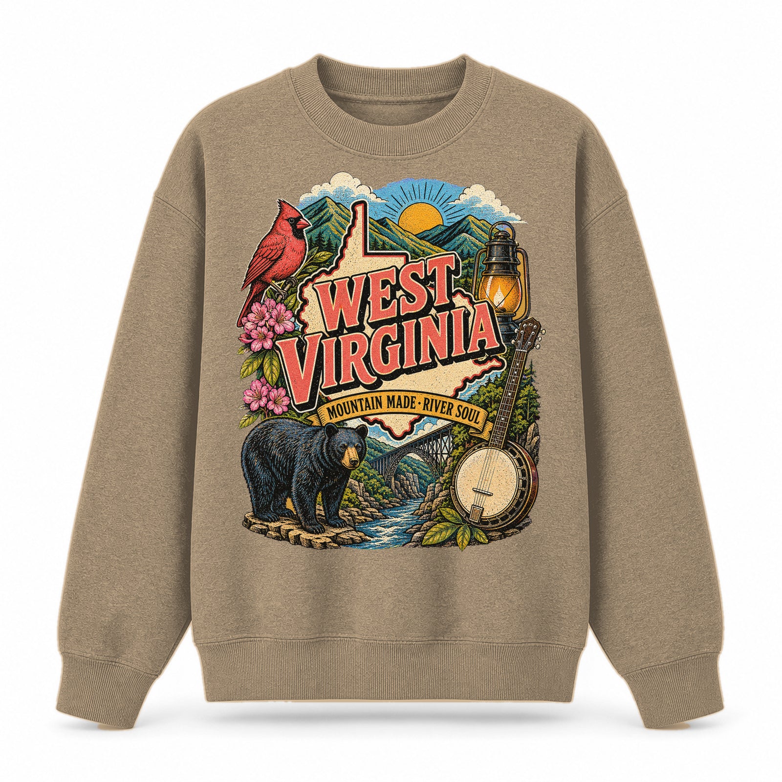 Colorful West Virginia State Collage Crewneck Sweatshirt in Khaki, front view on a white background