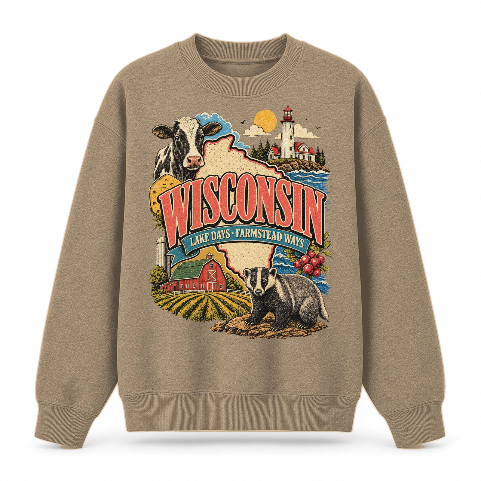 Colorful Wisconsin State Collage Crewneck Sweatshirt in Khaki, front view on a white background