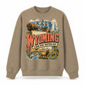 Colorful Wyoming State Collage Crewneck Sweatshirt in Khaki, front view on a white background