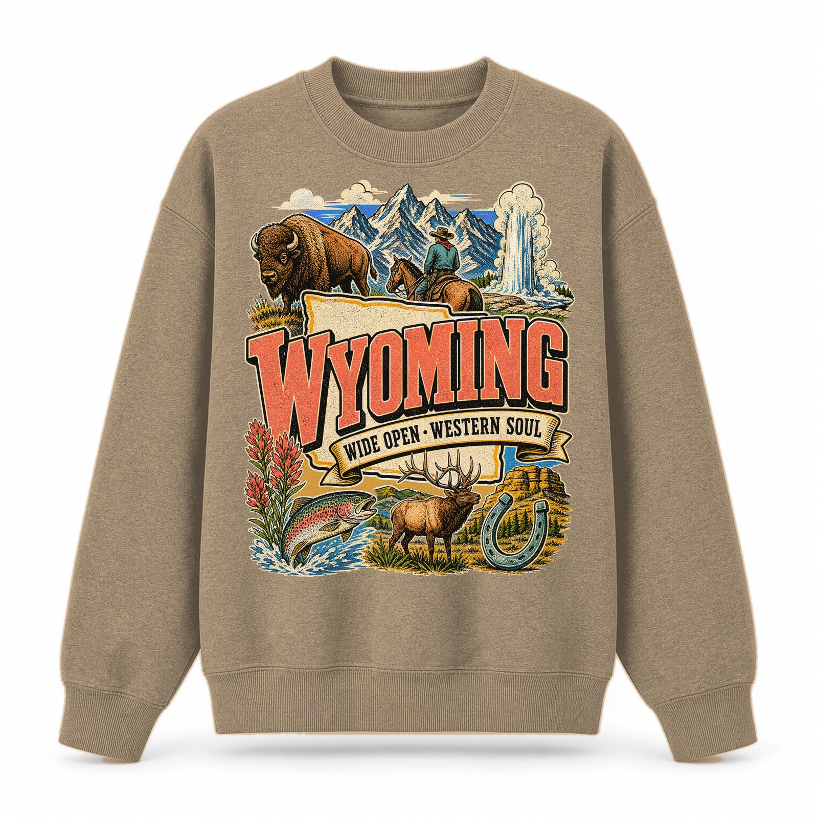 Colorful Wyoming State Collage Crewneck Sweatshirt in Khaki, front view on a white background