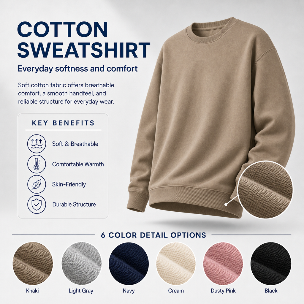 Cotton crewneck sweatshirt fabric and 6 color options