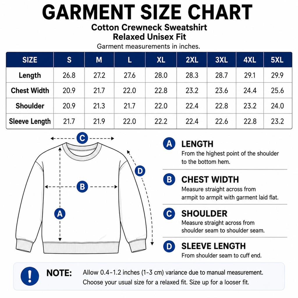 Cotton crewneck sweatshirt size chart S to 5XL