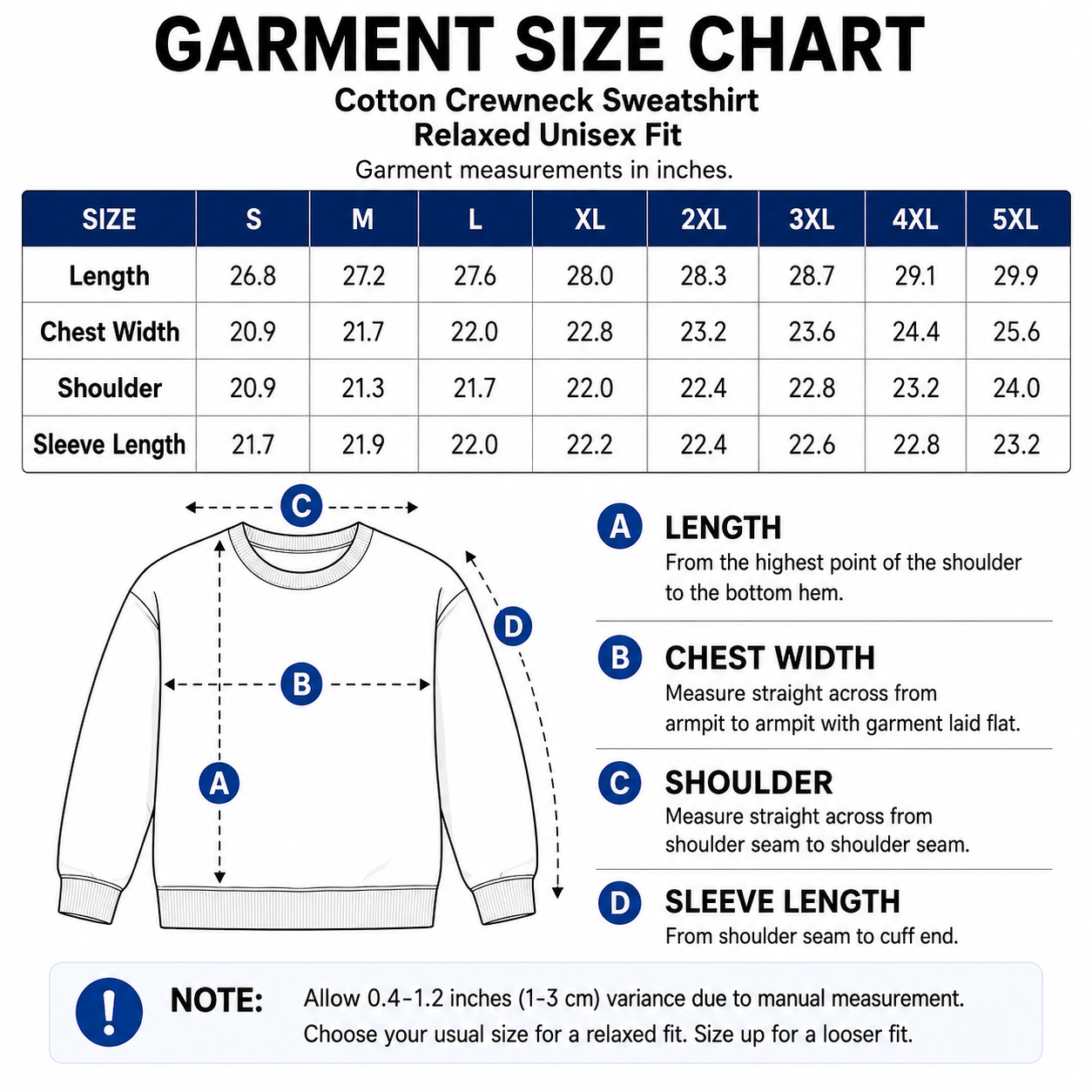 Cotton crewneck sweatshirt size chart S to 5XL