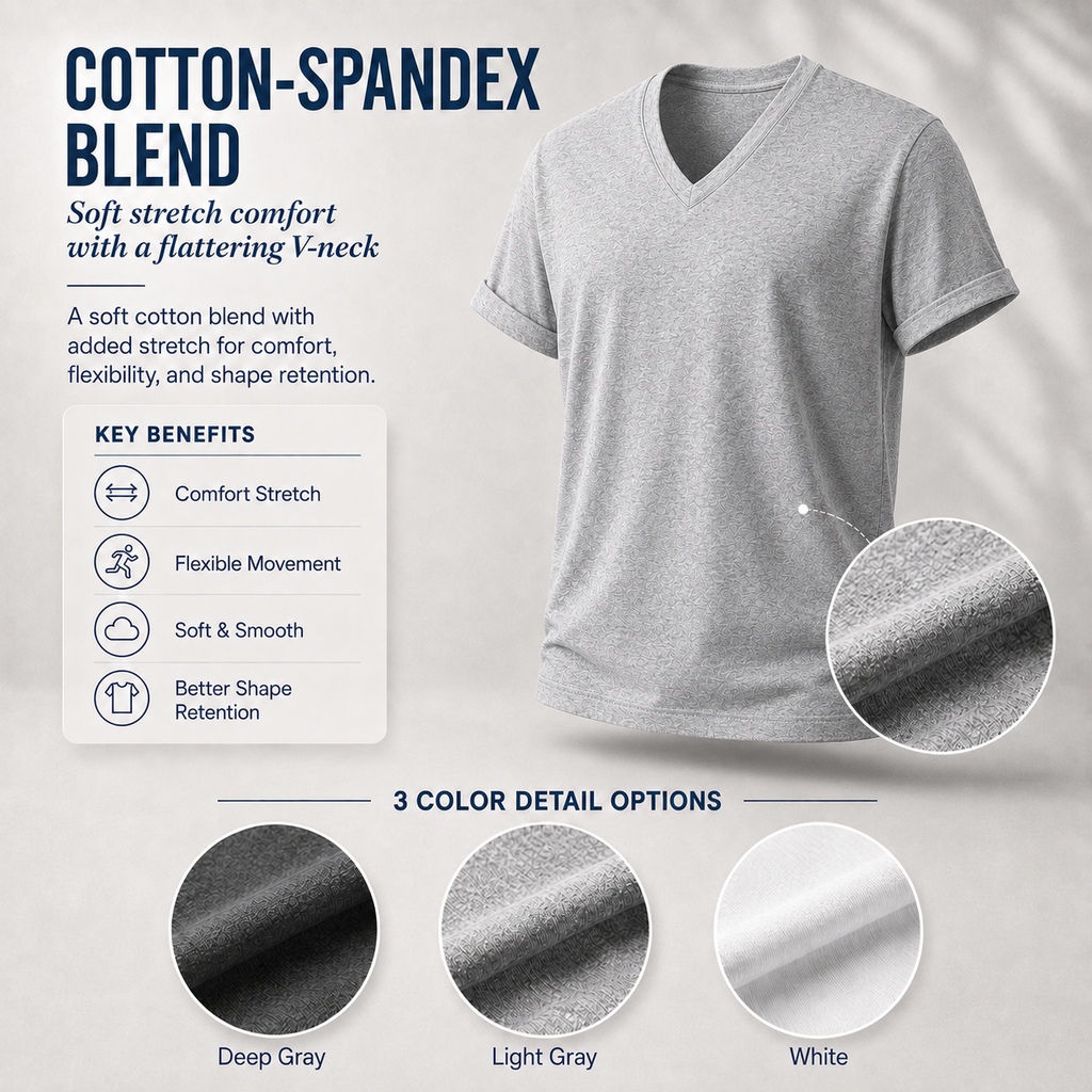 Cotton-spandex V-neck T-shirt fabric details and 3 color options