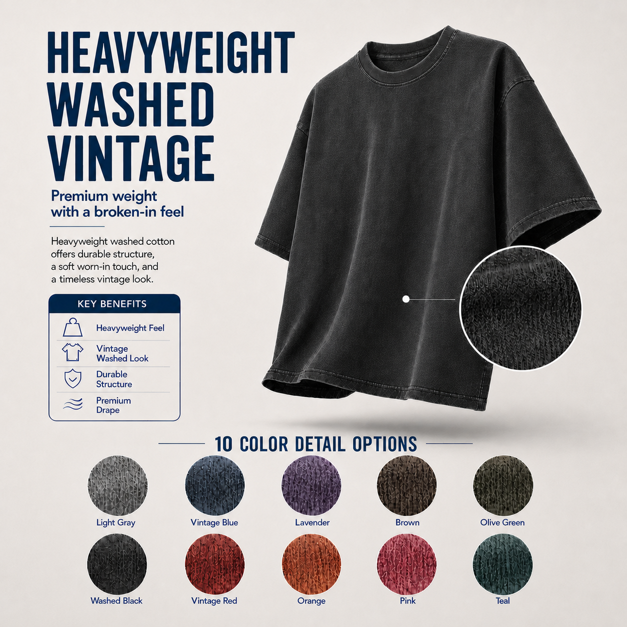 Vintage washed heavyweight T-shirt fabric details and 10 color options