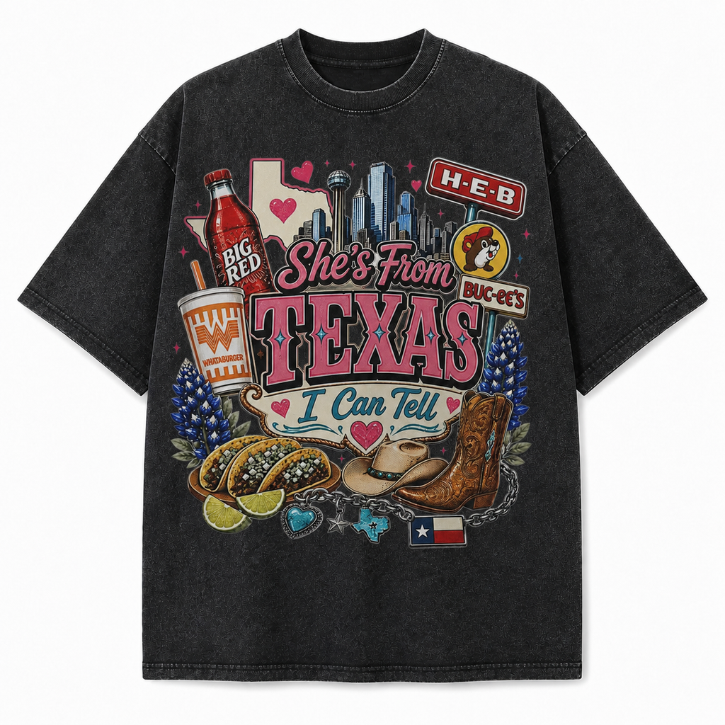 She's From Texas I Can Tell Graphic Tee & Sweatshirt in Vintage Washed Heavyweight T-Shirt, Washed Black