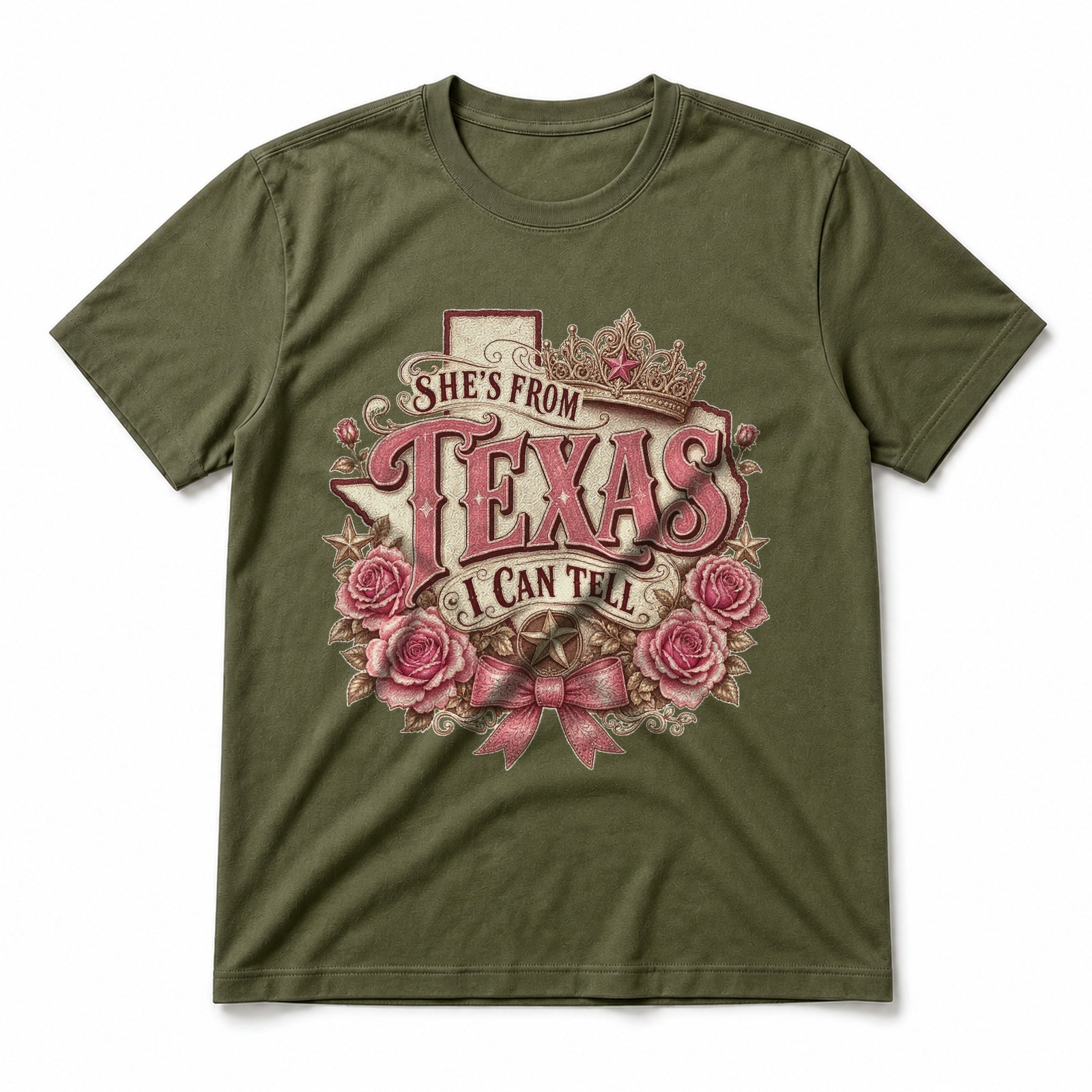 Texas Rose Crown Pure Cotton T-Shirt in Olive Green