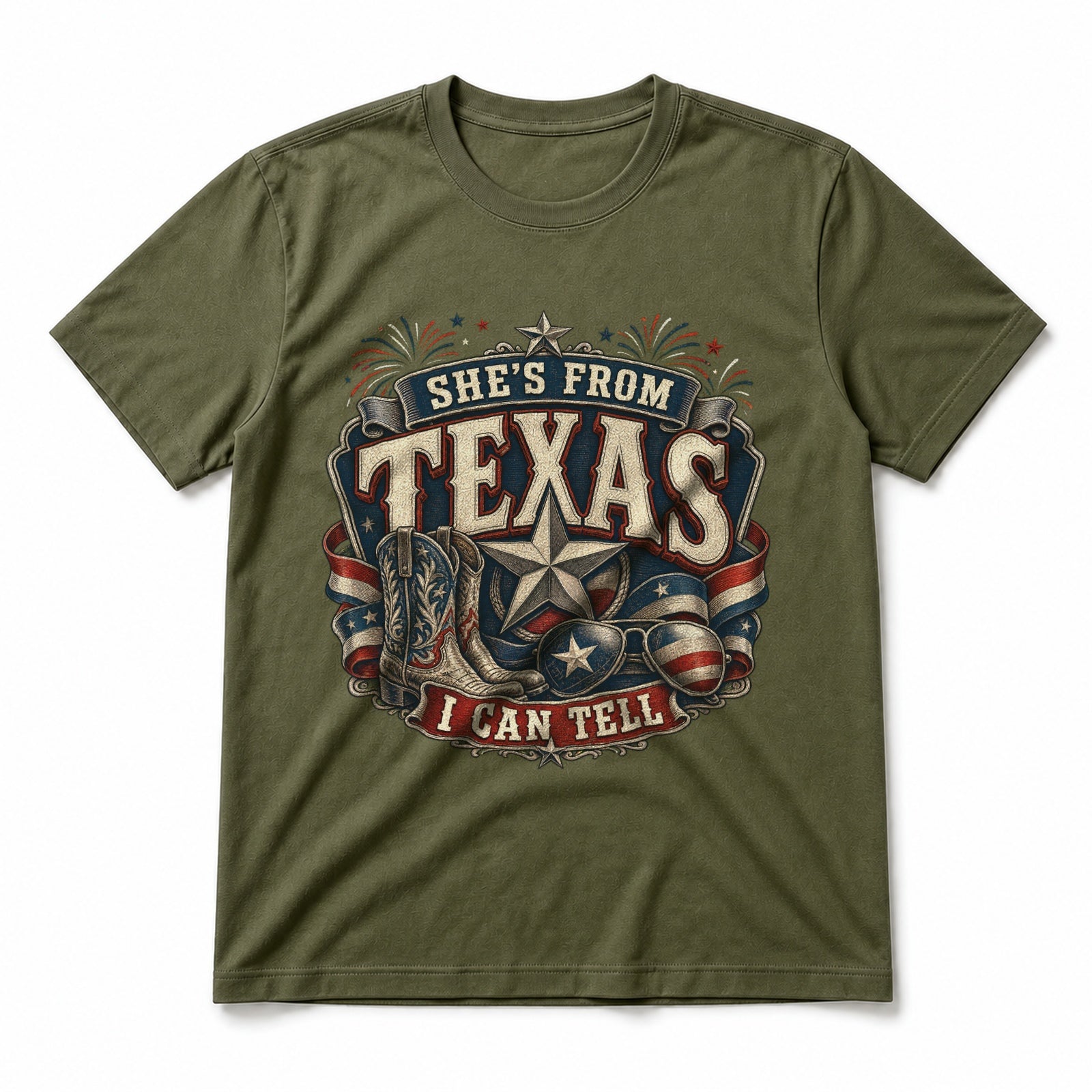 Texas Patriotic Western Pure Cotton T-Shirt in Olive Green
