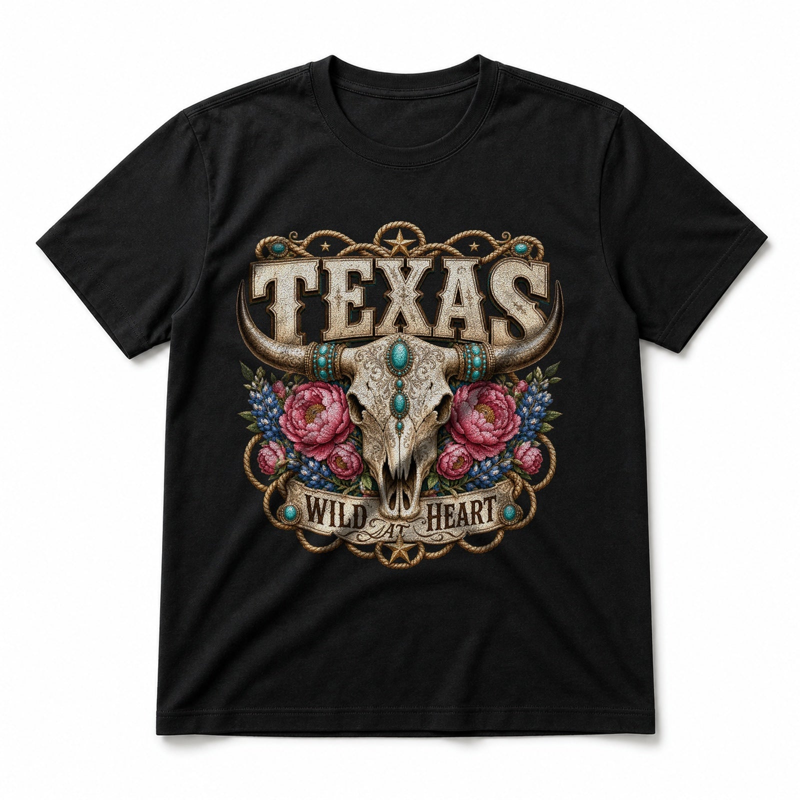 Texas Boho Longhorn Pure Cotton T-Shirt in Black