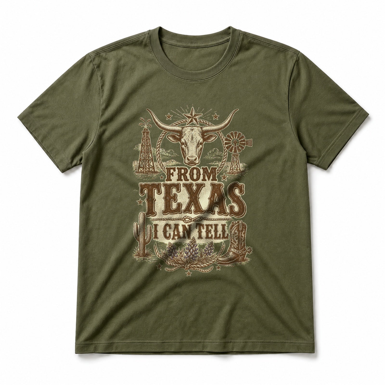 Texas Heritage Icons Pure Cotton T-Shirt in Olive Green