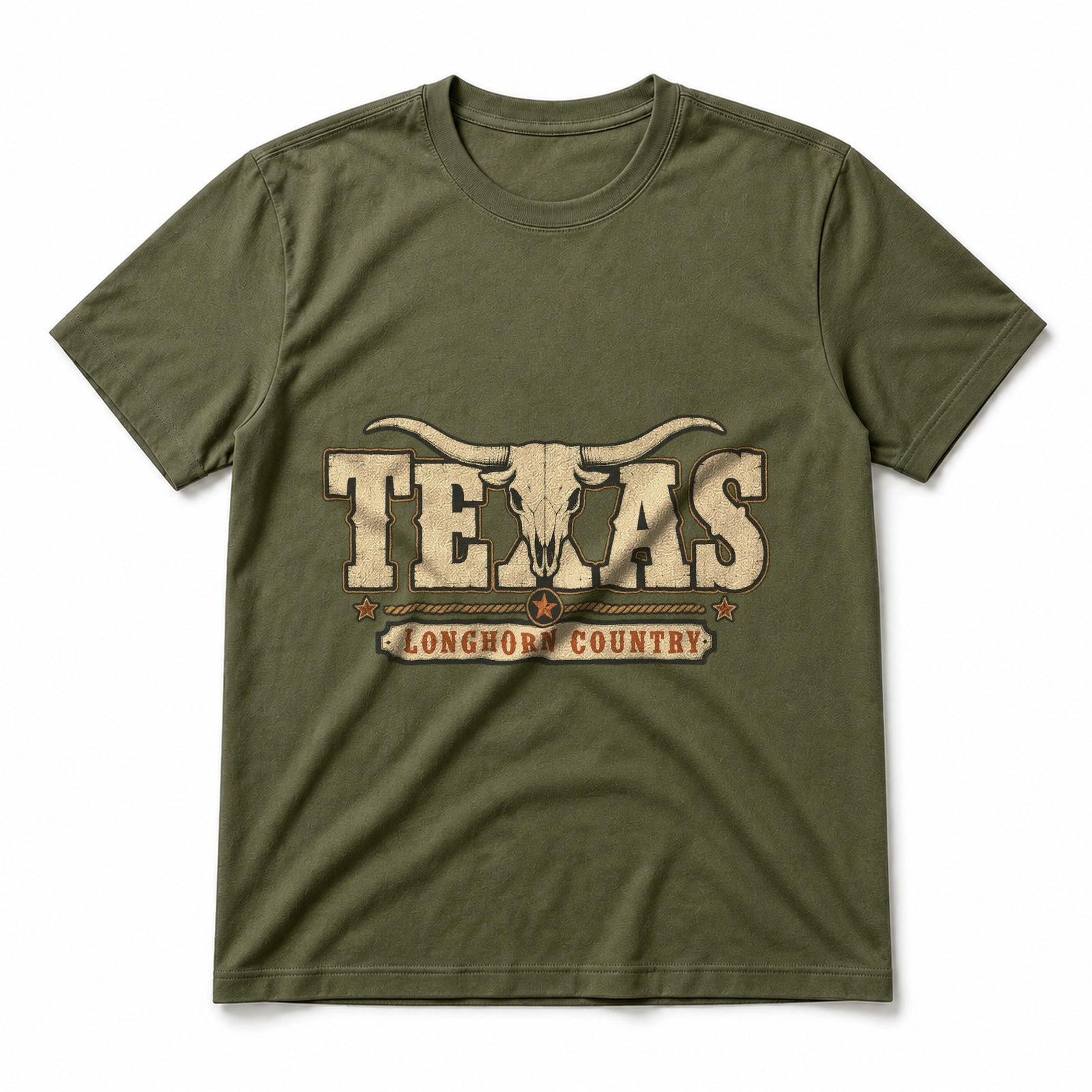 Texas Longhorn Wordmark Pure Cotton T-Shirt in Olive Green