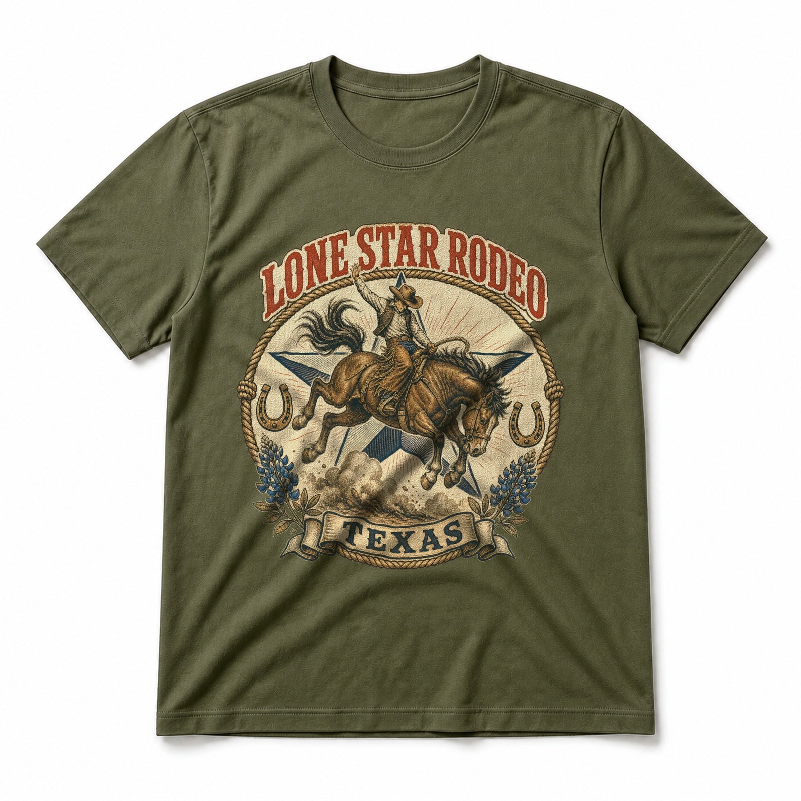 Texas Lone Star Rodeo Pure Cotton T-Shirt in Olive Green