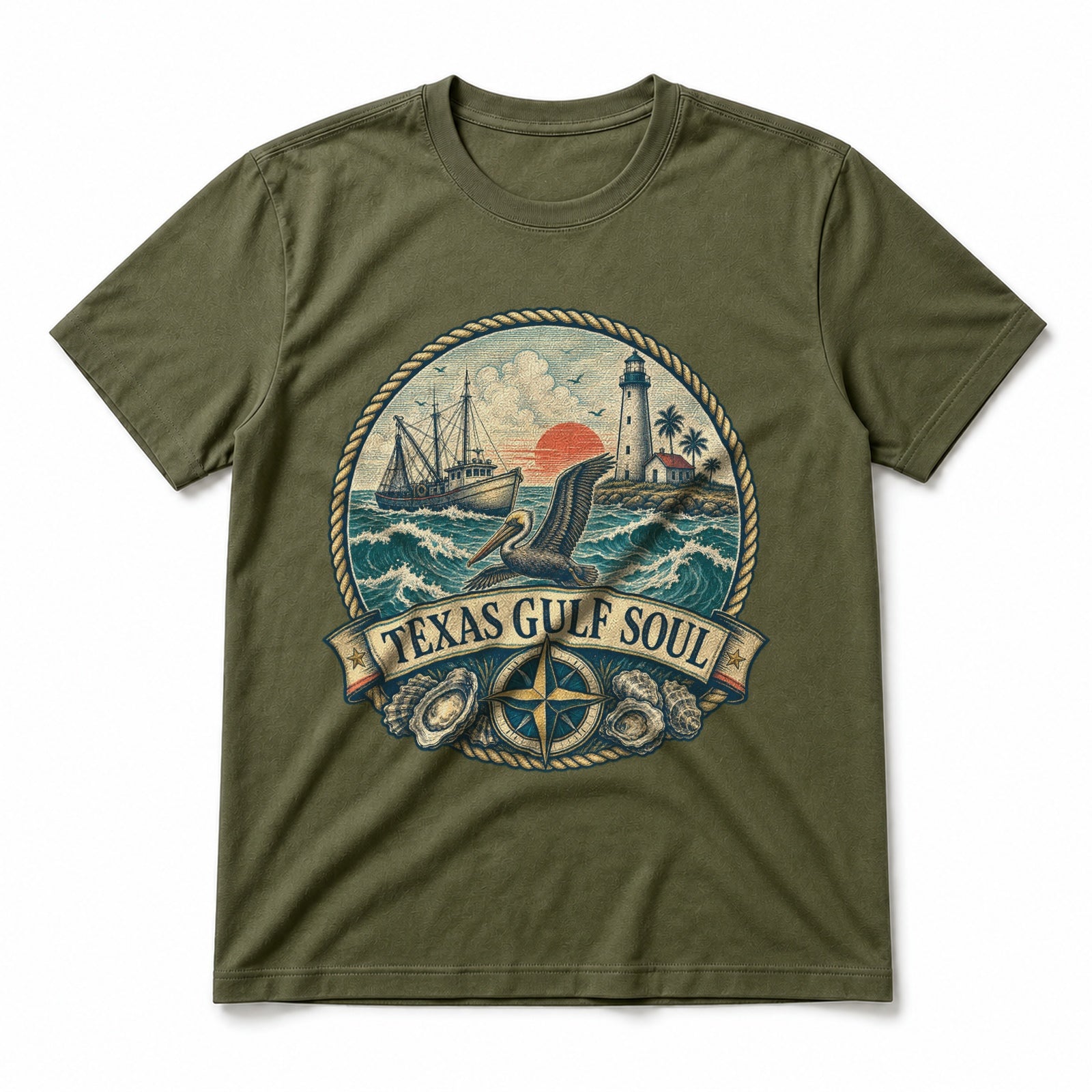 Texas Gulf Soul Pure Cotton T-Shirt in Olive Green