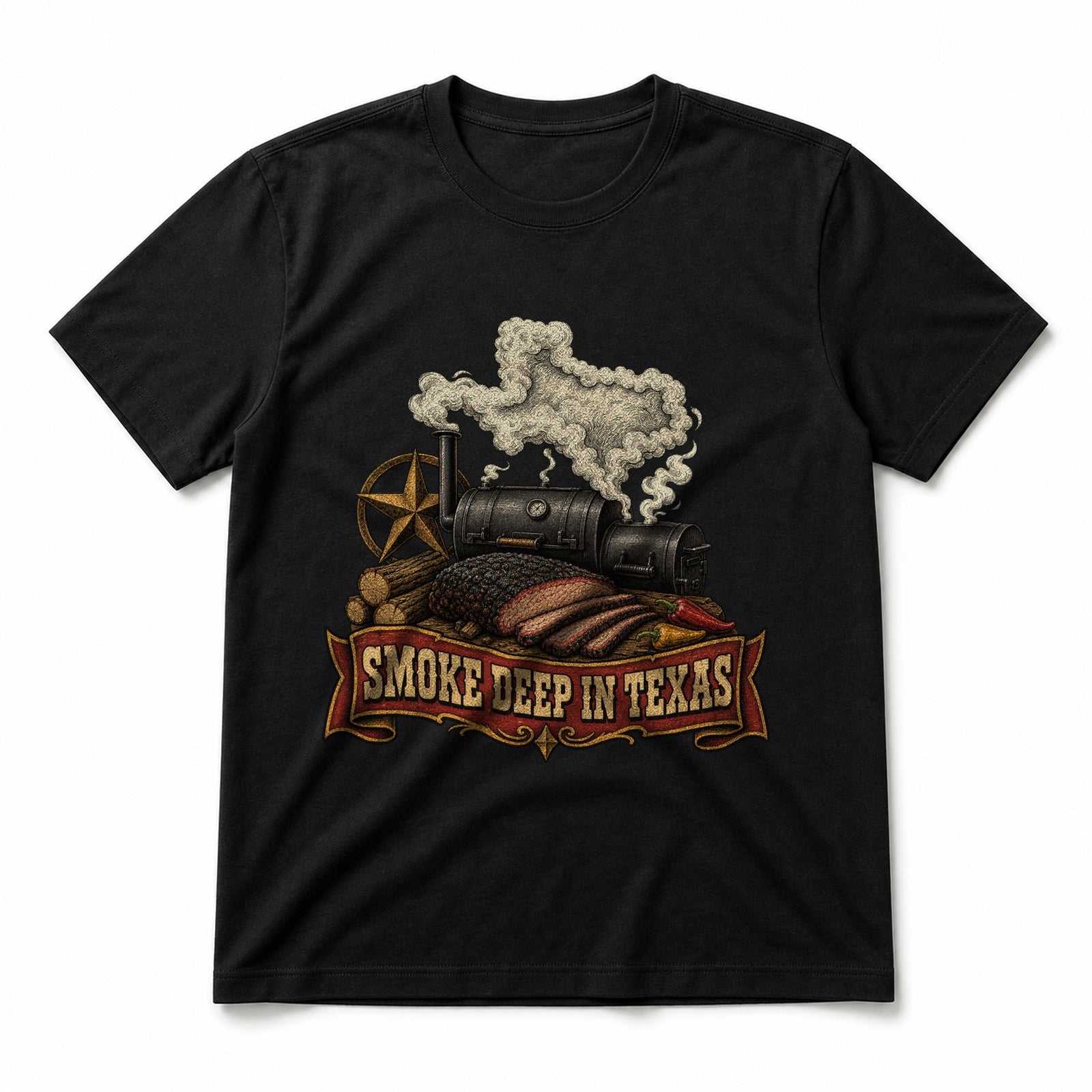 Smoke Deep In Texas Pure Cotton T-Shirt in Black