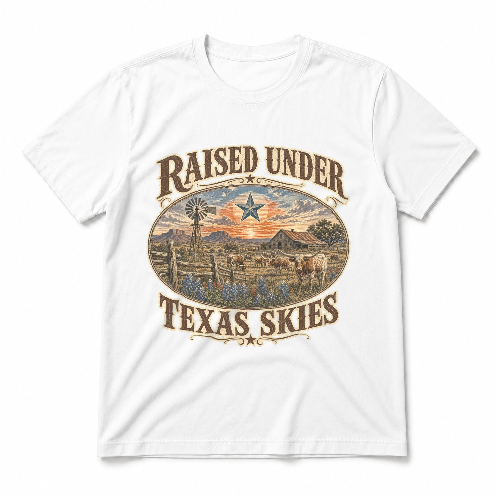 Raised Under Texas Skies Pure Cotton T-Shirt in White
