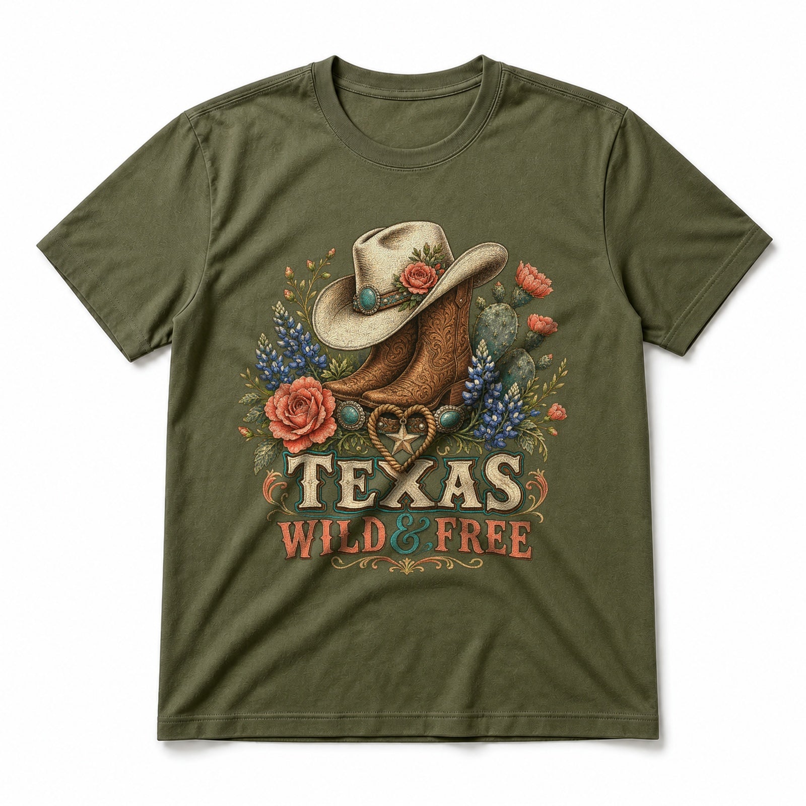 Texas Wild And Free Pure Cotton T-Shirt in Olive Green