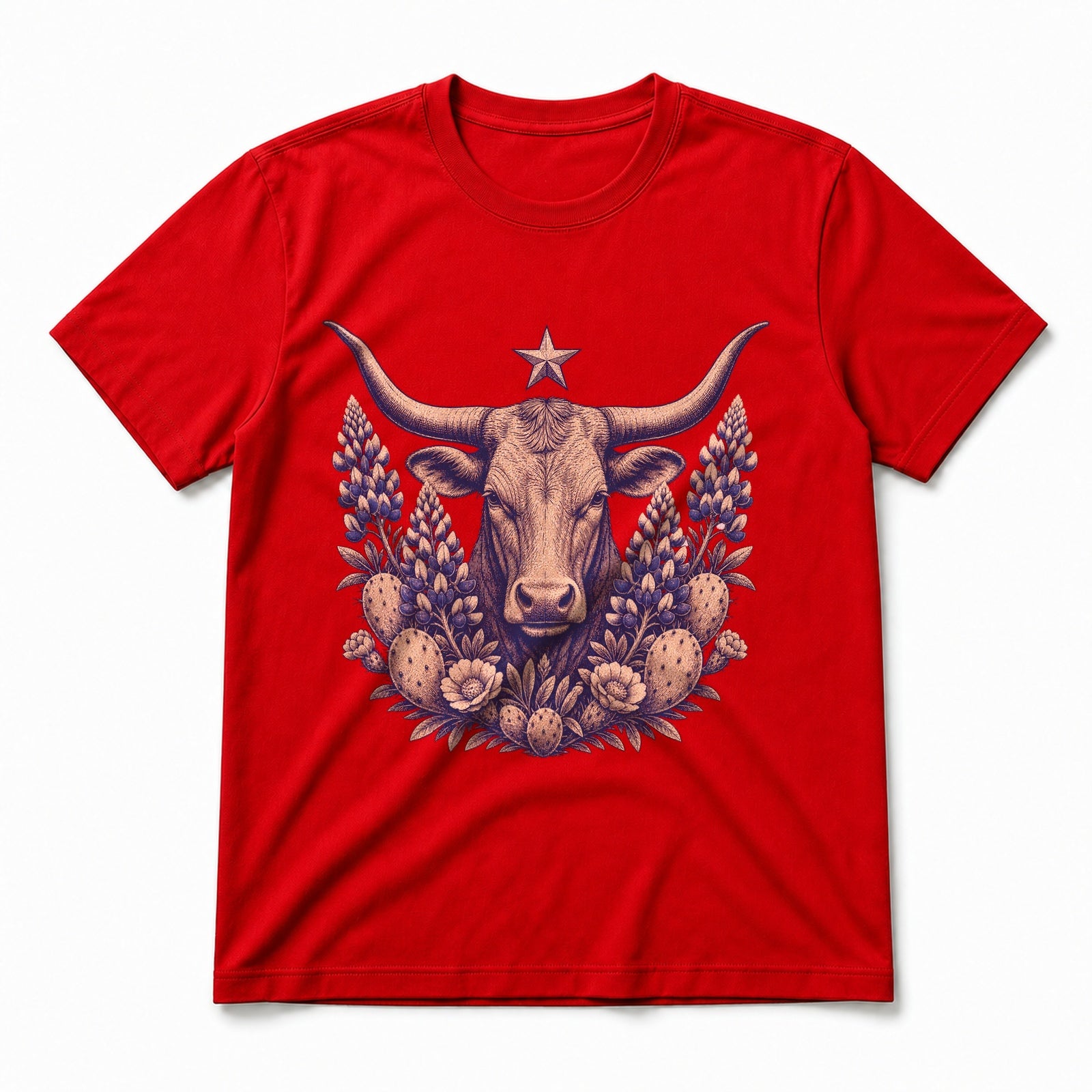 Texas Longhorn Bluebonnet Engraving Pure Cotton T-Shirt in Red