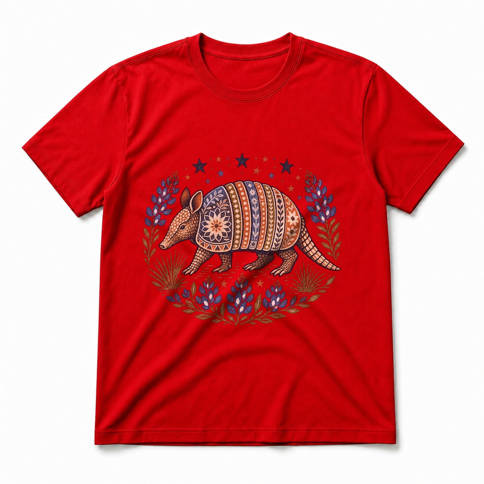 Texas Armadillo Folk Art Pure Cotton T-Shirt in Red