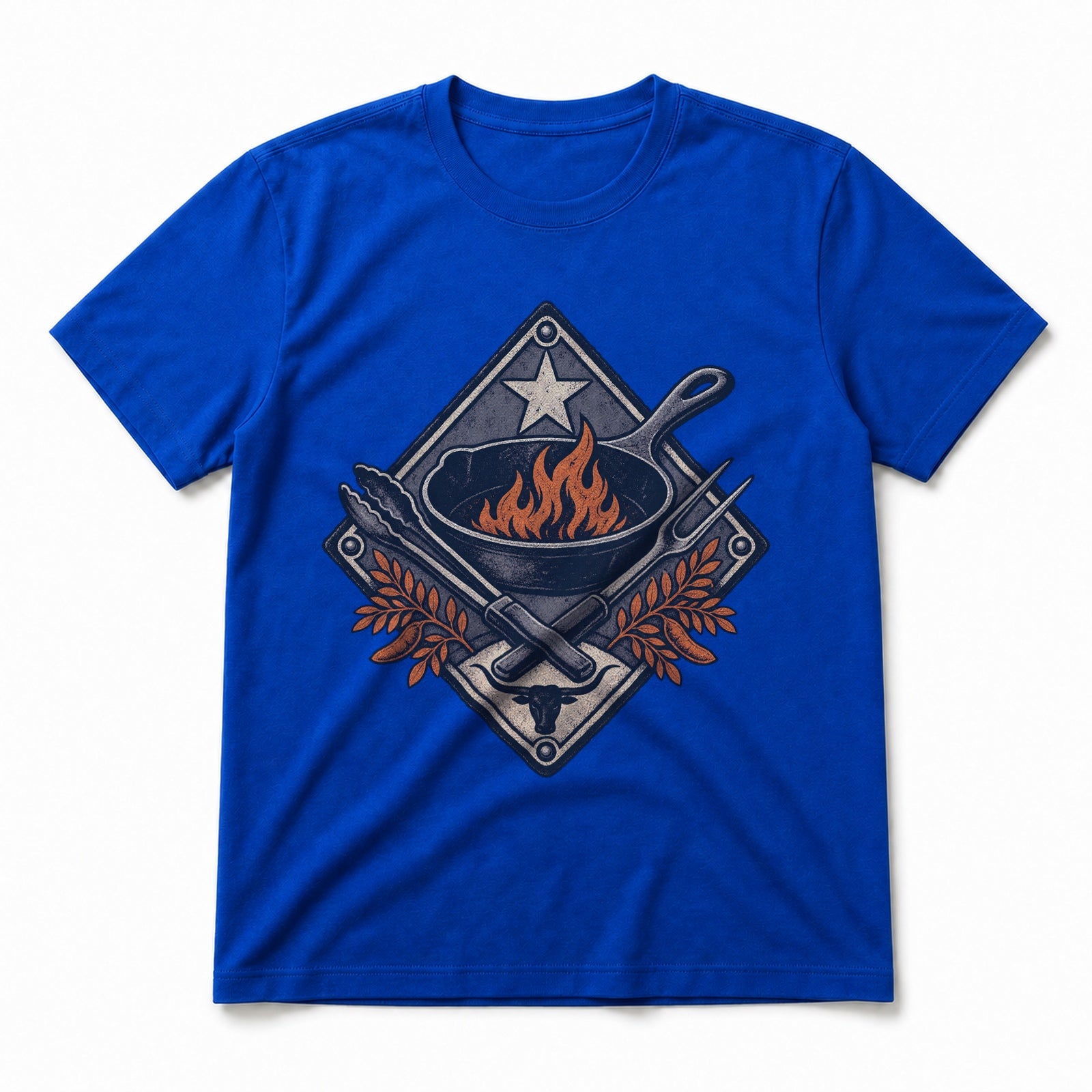 Texas Mesquite Bbq Ironwork Pure Cotton T-Shirt in Royal Blue